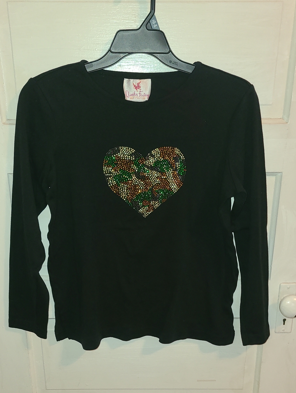 Quacker Factory Black Long Sleeve Top with Camouflage Rhinestone Heart